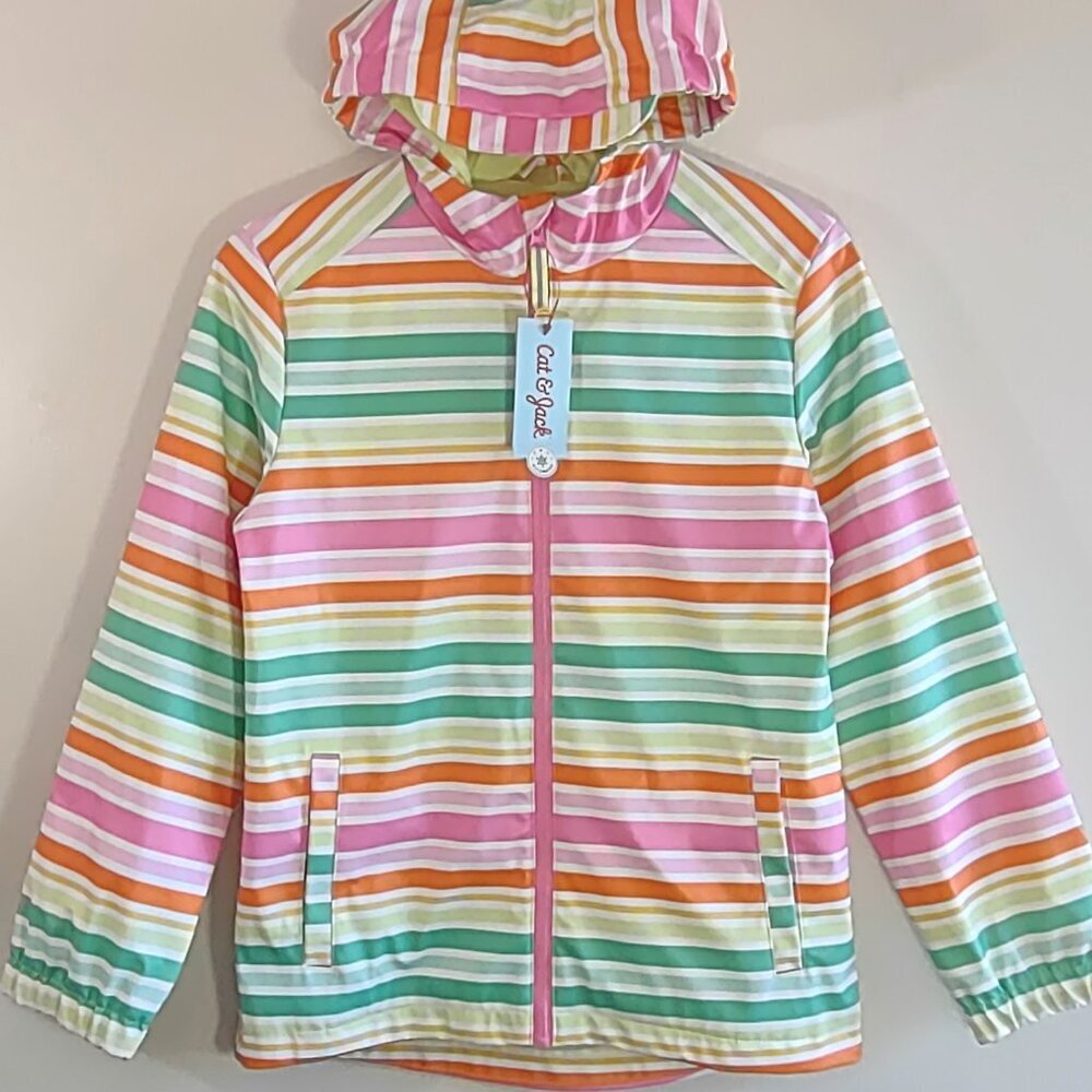 💛 NEW Rain Jacket Full Zip Lined Hood Colorful Stripes Size Girl Large 10/12 - Picture 4 of 10